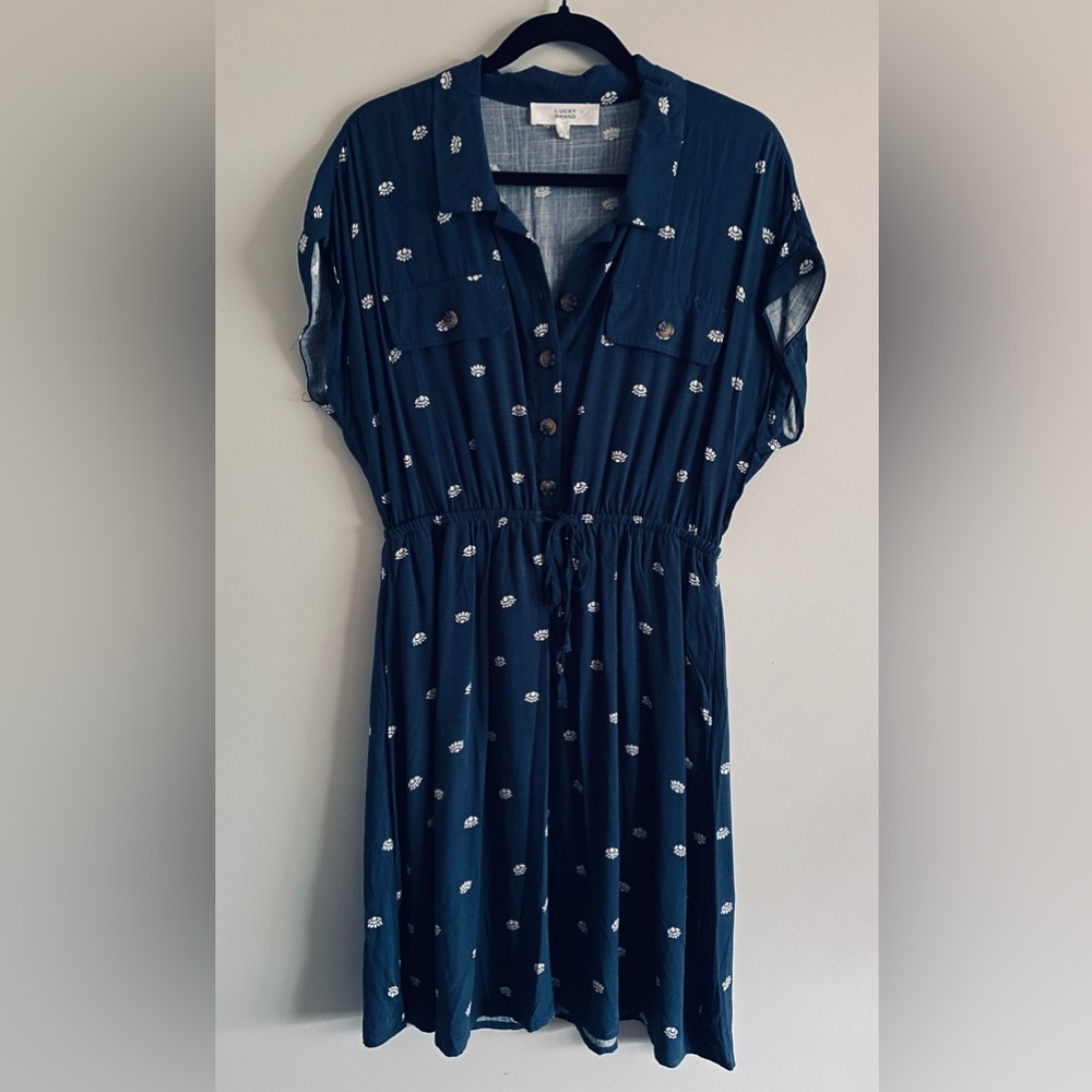 Lucky Brand XL Navy Blue Summer Dress with White Floral Pattern